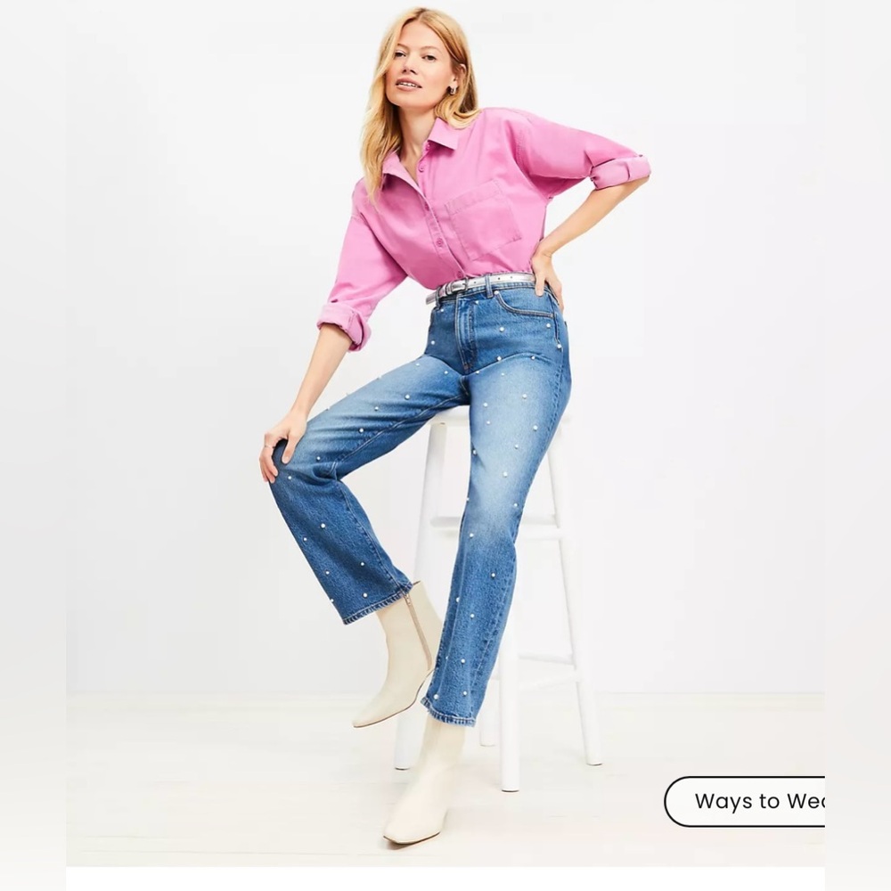 LOFT Pearl-Embellished Straight Leg Jeans in Medium Blue